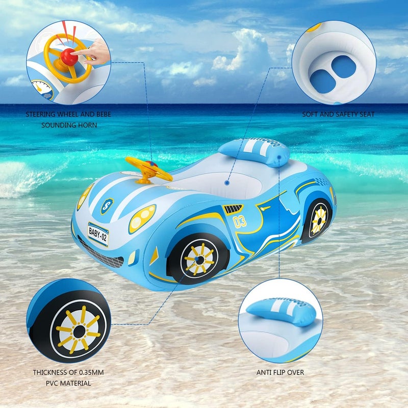 BOffer Baby Pool Float with 3D Car Design, PVC Baby Swim Float, Toddler Pool Float, Swimming Floats Seat Boat Pool Toys with Steering Wheel for 12-18, 12-24 Months, Age 2-3, 3+ Years Girl Boy - Image 3